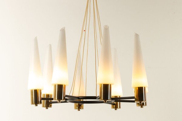 Mid-Century Brass Ceiling Lamp with Opal Glass Shades, 1960s-WIX-745814