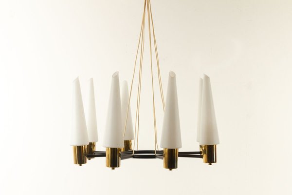 Mid-Century Brass Ceiling Lamp with Opal Glass Shades, 1960s-WIX-745814