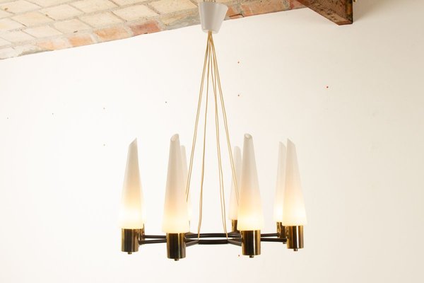 Mid-Century Brass Ceiling Lamp with Opal Glass Shades, 1960s-WIX-745814