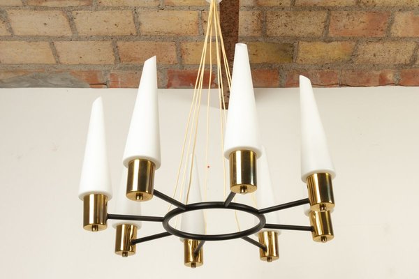 Mid-Century Brass Ceiling Lamp with Opal Glass Shades, 1960s-WIX-745814