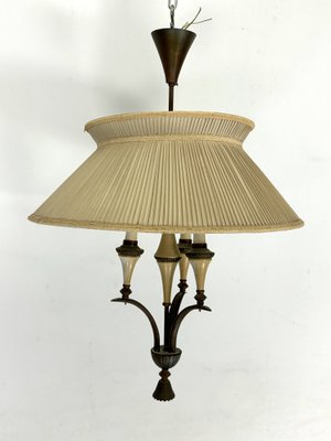 Mid-Century Brass Chandelier with Fabric Lampshade, 1950s-OT-1767825