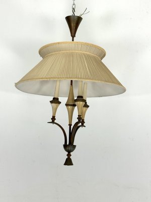 Mid-Century Brass Chandelier with Fabric Lampshade, 1950s-OT-1767825