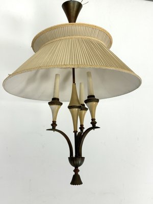 Mid-Century Brass Chandelier with Fabric Lampshade, 1950s-OT-1767825