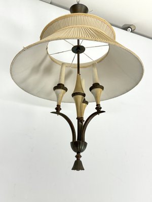 Mid-Century Brass Chandelier with Fabric Lampshade, 1950s-OT-1767825