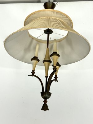 Mid-Century Brass Chandelier with Fabric Lampshade, 1950s-OT-1767825