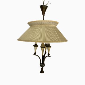 Mid-Century Brass Chandelier with Fabric Lampshade, 1950s-OT-1767825