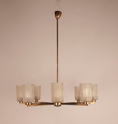 Mid-Century Brass Chandelier with Glass Lampshades, Germany-KT-883301