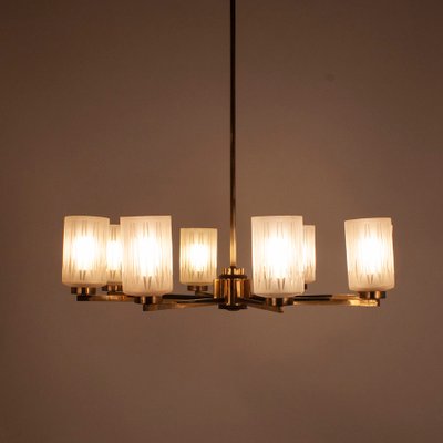 Mid-Century Brass Chandelier with Glass Lampshades, Germany-KT-883301