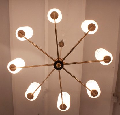 Mid-Century Brass Chandelier with Glass Lampshades, Germany-KT-883301