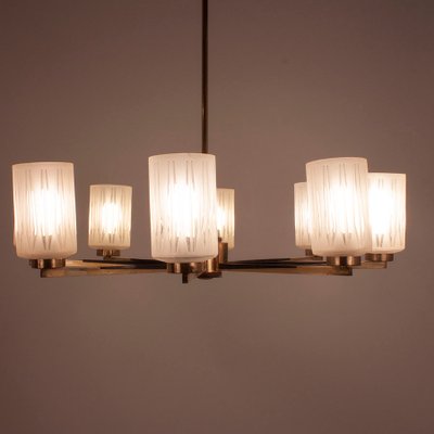 Mid-Century Brass Chandelier with Glass Lampshades, Germany-KT-883301