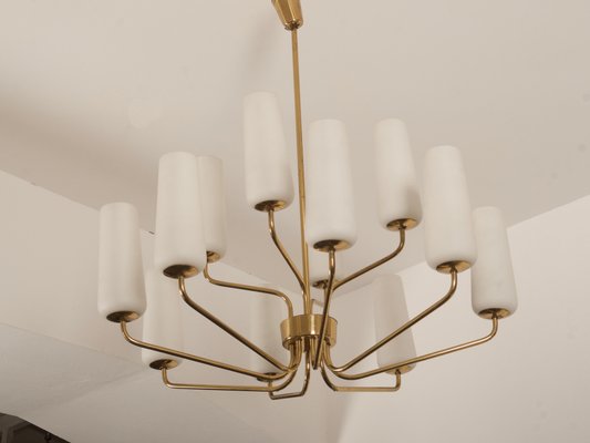 Mid-Century Brass & Opaline Glass Chandelier by Rupert Nikoll, 1950s-AX-1704799