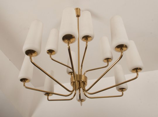 Mid-Century Brass & Opaline Glass Chandelier by Rupert Nikoll, 1950s-AX-1704799