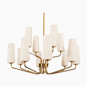 Mid-Century Brass & Opaline Glass Chandelier by Rupert Nikoll, 1950s-AX-1704799