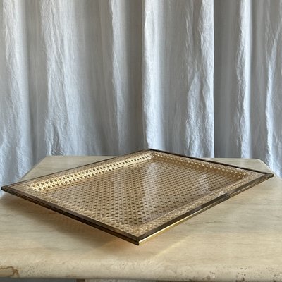 Mid-Century Brass Side Table with Vienna Straw Rattan and Acrylic Glass Tray from Christian Dior, 1970s-NOT-2038039