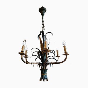 Mid-Century Bronze, Lacquered Iron & Faux Bamboo Chandelier-VYP-864596