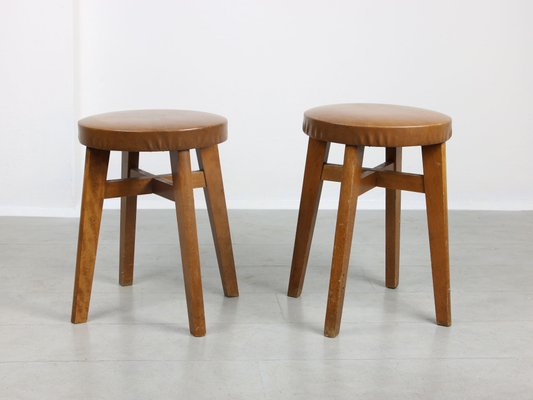 Mid-Century Brown Leatherette Stool, Set of 2-HGJ-1251310