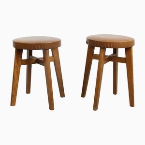 Mid-Century Brown Leatherette Stool, Set of 2-HGJ-1251310