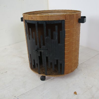 Mid-Century Brutalist Rattan and Steel Bar Cart, 1950s-DE-547131