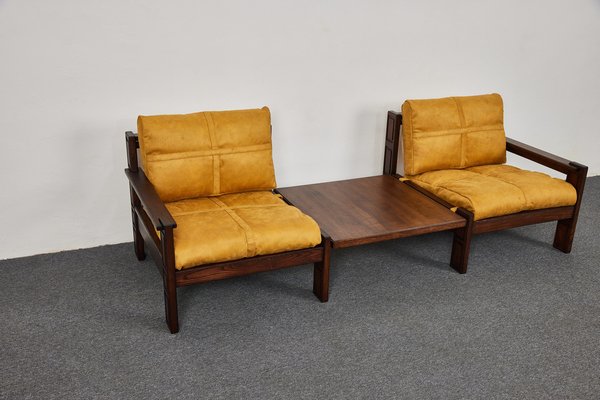 Mid-Century Brutalist Suede Lounge Chairs & Coffee Table by Carl Straub, Germany, 1970s, Set of 3-XCG-1576410