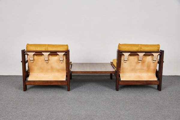 Mid-Century Brutalist Suede Lounge Chairs & Coffee Table by Carl Straub, Germany, 1970s, Set of 3-XCG-1576410