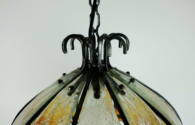 Mid-Century Brutalist Wrought Iron and Murano Glass Ceiling Lamp-FH-702756