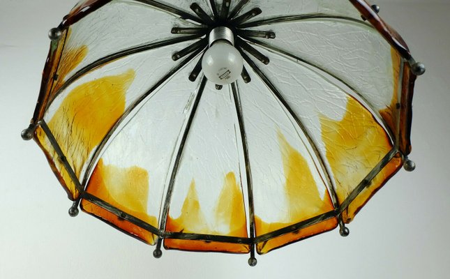 Mid-Century Brutalist Wrought Iron and Murano Glass Ceiling Lamp-FH-702756