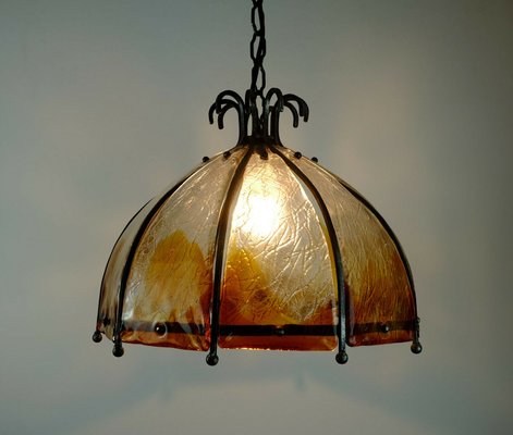 Mid-Century Brutalist Wrought Iron and Murano Glass Ceiling Lamp-FH-702756