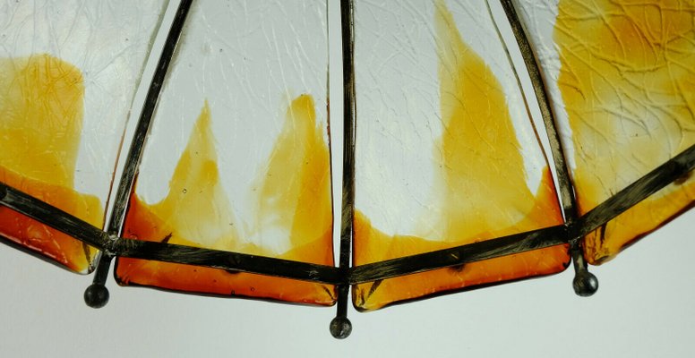 Mid-Century Brutalist Wrought Iron and Murano Glass Ceiling Lamp-FH-702756