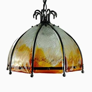 Mid-Century Brutalist Wrought Iron and Murano Glass Ceiling Lamp-FH-702756