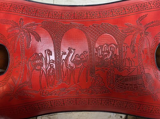 Mid-Century Camel Saddle or Footstool with Printed Red Leather-WZZ-1152666