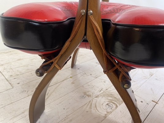 Mid-Century Camel Saddle or Footstool with Printed Red Leather-WZZ-1152666