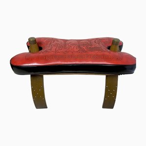 Mid-Century Camel Saddle or Footstool with Printed Red Leather-WZZ-1152666