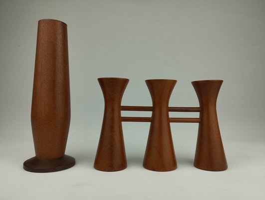 Mid-Century Candle Glow and Vases in Teak, Denmark, Set of 2-SFQ-1762453