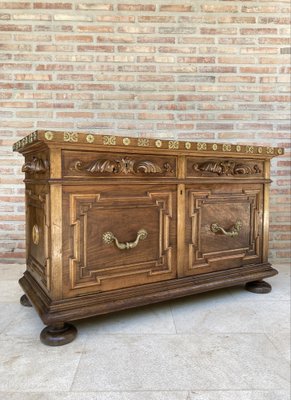 Mid-Century Carved Wooden Sideboard with 2 Drawers in Waist and Lower Door with Gilt Bronze Details-NOU-988003