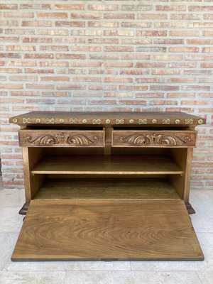 Mid-Century Carved Wooden Sideboard with 2 Drawers in Waist and Lower Door with Gilt Bronze Details-NOU-988003