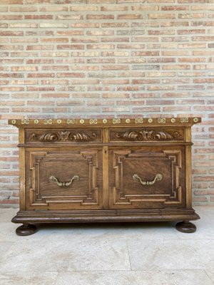 Mid-Century Carved Wooden Sideboard with 2 Drawers in Waist and Lower Door with Gilt Bronze Details-NOU-988003