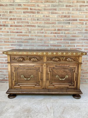 Mid-Century Carved Wooden Sideboard with 2 Drawers in Waist and Lower Door with Gilt Bronze Details-NOU-988003