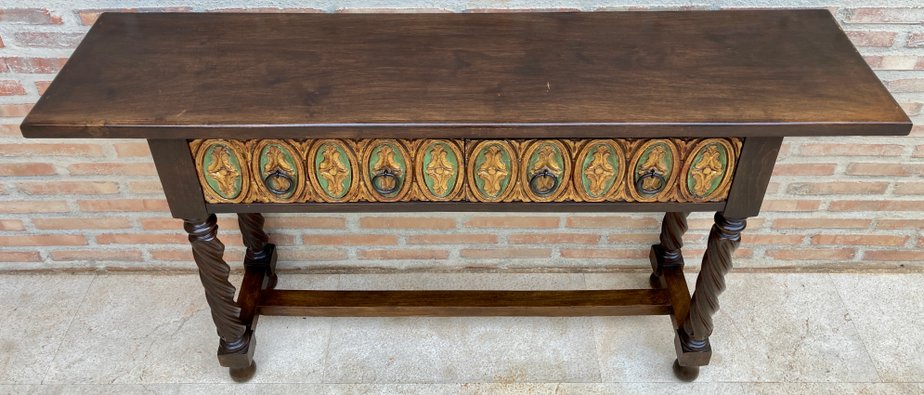 Mid-Century Castilian Console in Walnut With Two Front Drawers in Gold Leaf-NOU-1250486