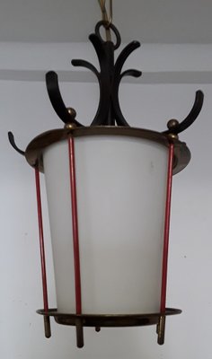 Mid-Century Ceiling Lamp with Black Painted Metal Mount, Red Trim Rods, Brass Finials & White Opaque Glass, 1950s-HOI-1270955