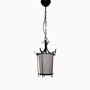 Mid-Century Ceiling Lamp with Black Painted Metal Mount, Red Trim Rods, Brass Finials & White Opaque Glass, 1950s-HOI-1270955