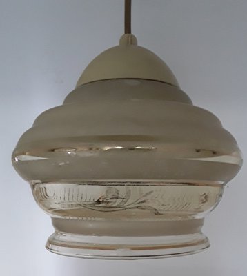 Mid-Century Ceiling Lamp with Cream Bakelite Mount and Gold & Cream Glass Shade, 1950s-HOI-1067581