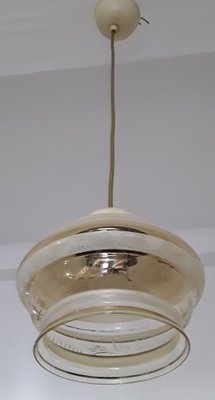 Mid-Century Ceiling Lamp with Cream Bakelite Mount and Gold & Cream Glass Shade, 1950s-HOI-1067581