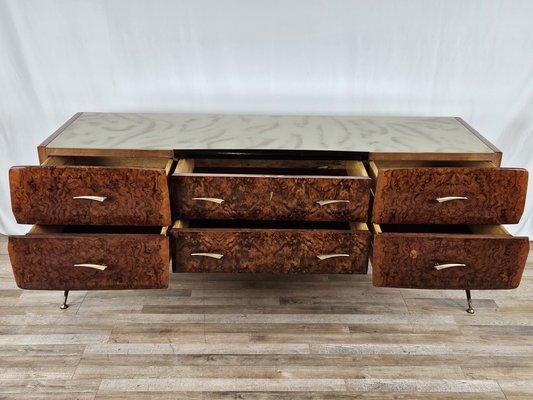 Mid-Century Chest of Drawers in Mahogany Briar with Decorated Glass Top, Italy, 1950s-ZUW-1716677