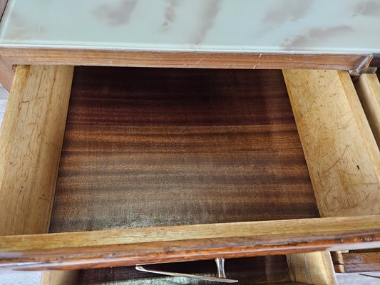 Mid-Century Chest of Drawers in Mahogany Briar with Decorated Glass Top, Italy, 1950s-ZUW-1716677