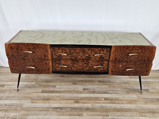 Mid-Century Chest of Drawers in Mahogany Briar with Decorated Glass Top, Italy, 1950s-ZUW-1716677