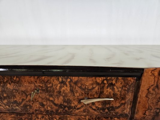 Mid-Century Chest of Drawers in Mahogany Briar with Decorated Glass Top, Italy, 1950s-ZUW-1716677