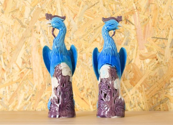 Mid-Century Chinise Turquoise Porcelain Peacocks, 1950s, Set of 2-IJF-1751970