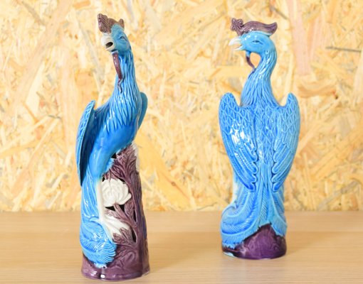 Mid-Century Chinise Turquoise Porcelain Peacocks, 1950s, Set of 2-IJF-1751970