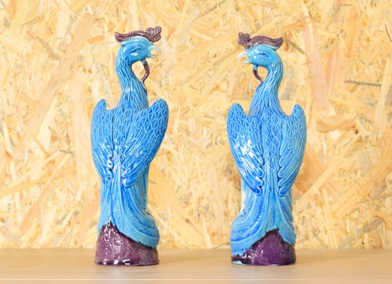 Mid-Century Chinise Turquoise Porcelain Peacocks, 1950s, Set of 2-IJF-1751970