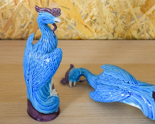 Mid-Century Chinise Turquoise Porcelain Peacocks, 1950s, Set of 2-IJF-1751970